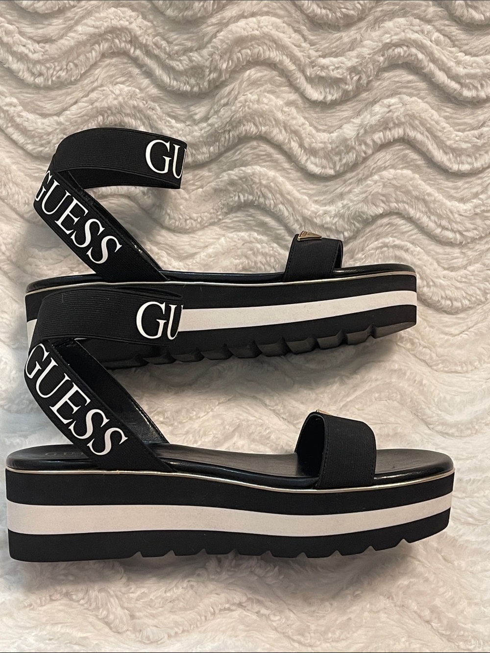 Guess Platform Sandals B&W Striped Sole and Logo Ankle Strap